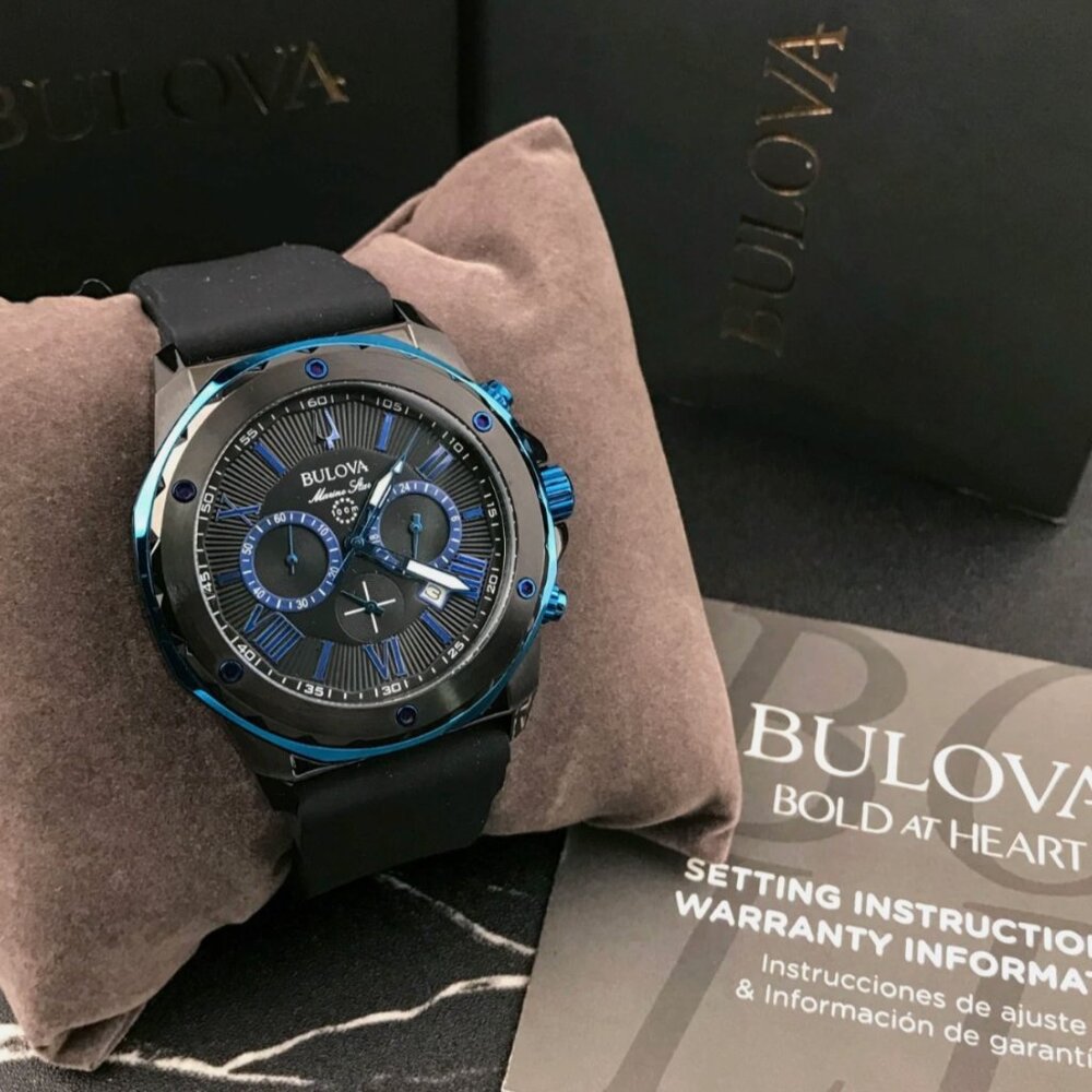 Bulova Men's Marine 44mm Star Black Dial Silicone Strap Watch